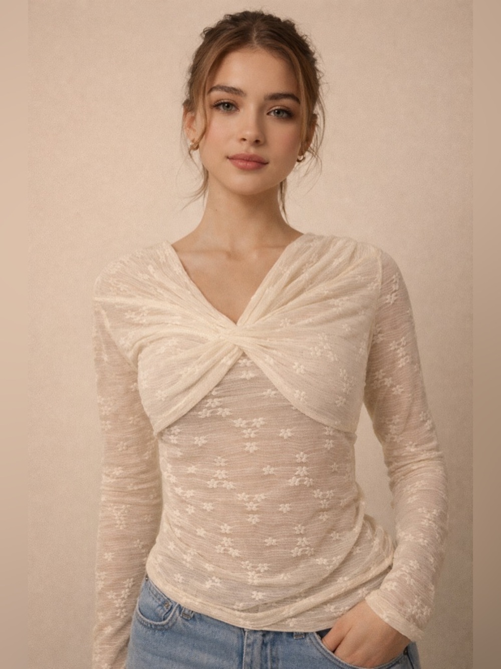 Cider Womens Mesh Lace Top Medium Cream Long Sleeve Milkmaid Coquette Dainty
